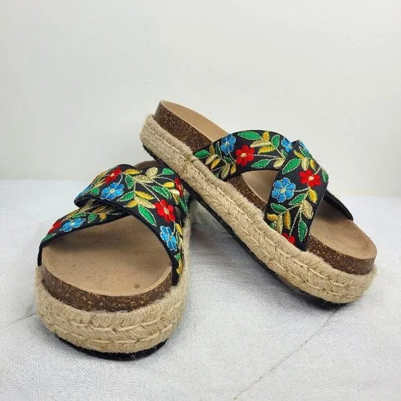 Pierre Dumas embroidered flowers platform black espadrille sandals vacation 10 - Picture 1 of 14